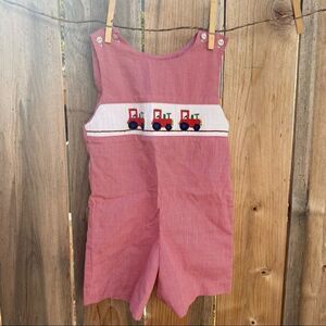 Vive la Fete Baby Boy Overall One-Piece Red Gingham Pocket with trains 18M